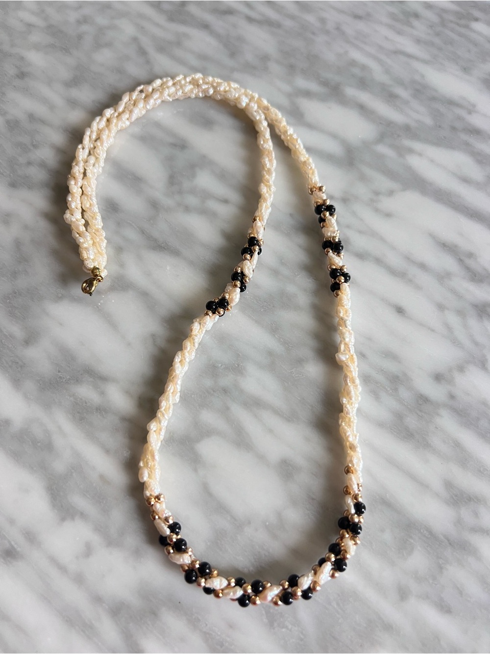 Glass Pearl and Black Bead Braided Necklace - Unbranded